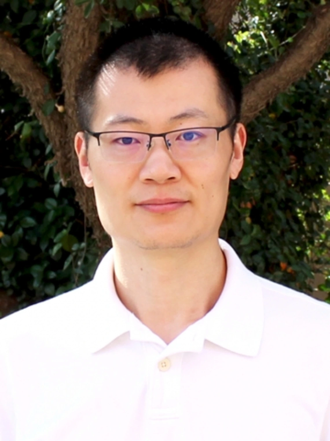 A man looks into the camera while standing in front of a tree.